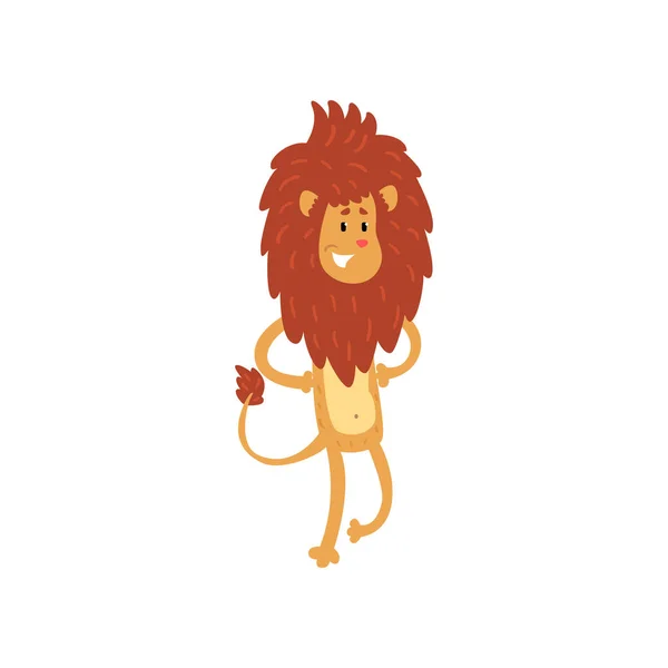 Sevimli gülümseyen aslan karakter ayakta beyaz bir arka plan üzerinde iki bacağı vektör çizim karikatür — Stok Vektör