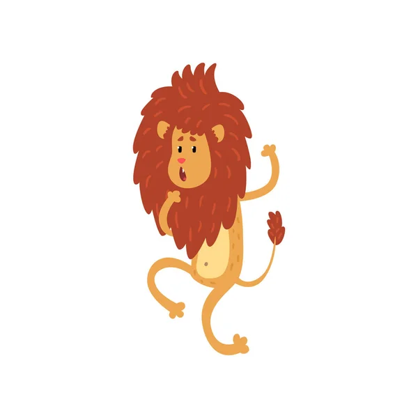 İki bacağı vektör çizim üzerinde beyaz bir arka plan üzerinde yürüyen şirin komik aslan yavrusu çizgi film karakteri — Stok Vektör