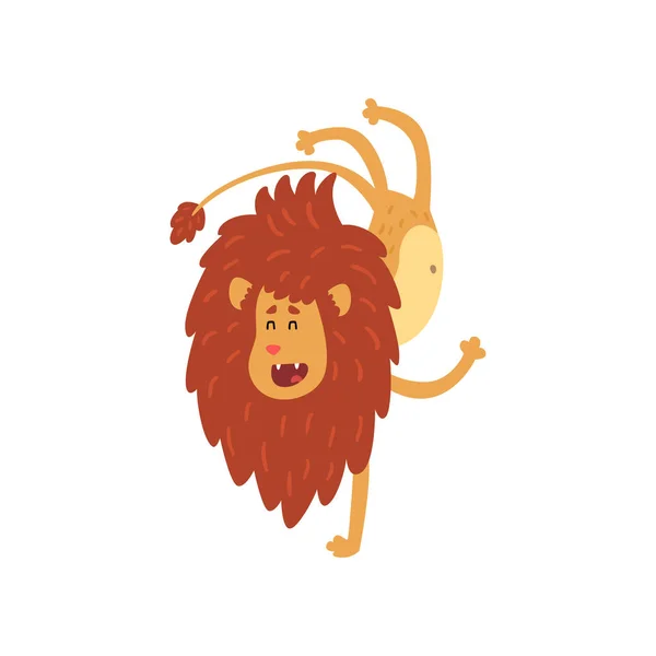 Beyaz bir arka plan üzerinde amuda vektör çizim yaparken sevimli aslan yavrusu çizgi film karakteri — Stok Vektör