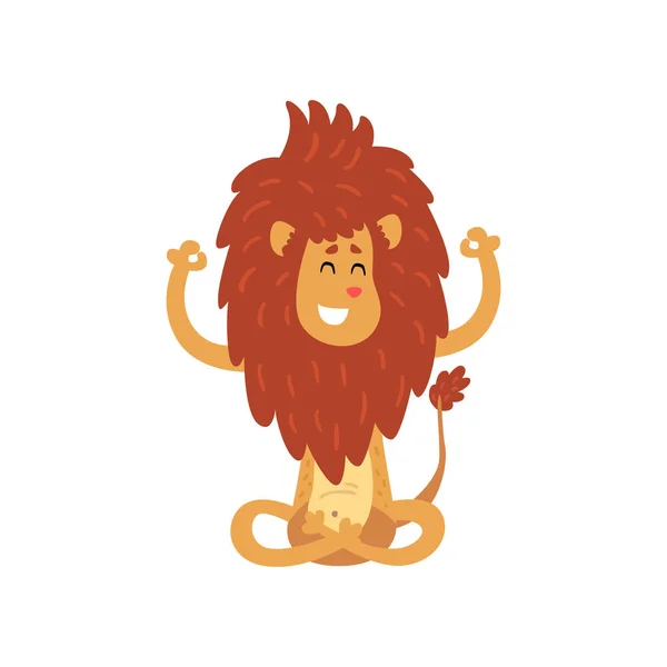 Cute lion cub cartoon character meditating in lotus position vector Illustration on a white background — Stock Vector