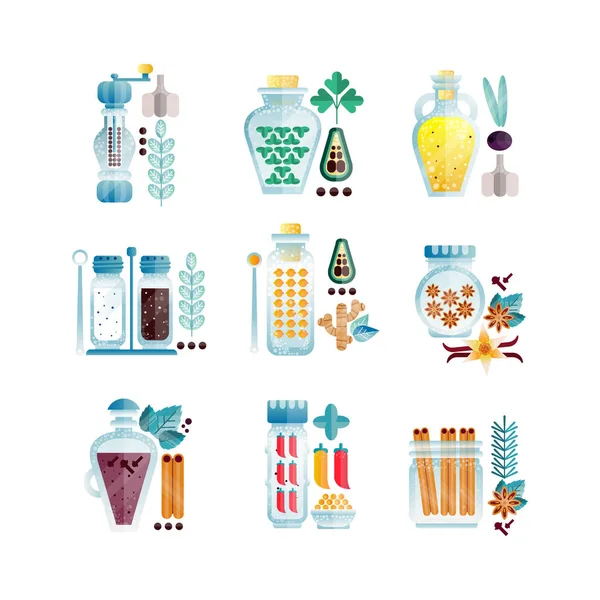 Conjunto de frascos de ervas e especiarias, vetor de condimentos culinários diferentes Ilustrações i — Vetor de Stock