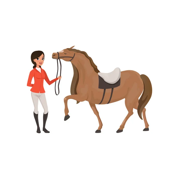 Жокей дівчина і рідкісний кінь, кінний професійний спортивний вектор Ілюстрація — стоковий вектор