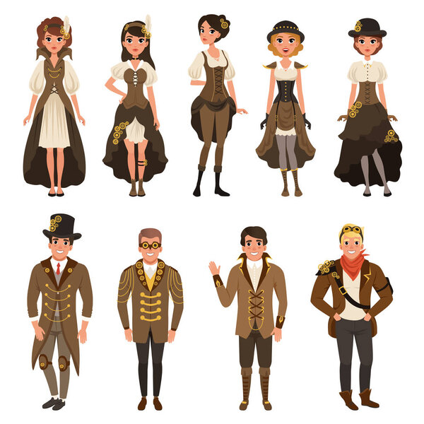 People dressed in historic clothes, man and woman wearing brown fantasy costume set vector Illustrations on a white background