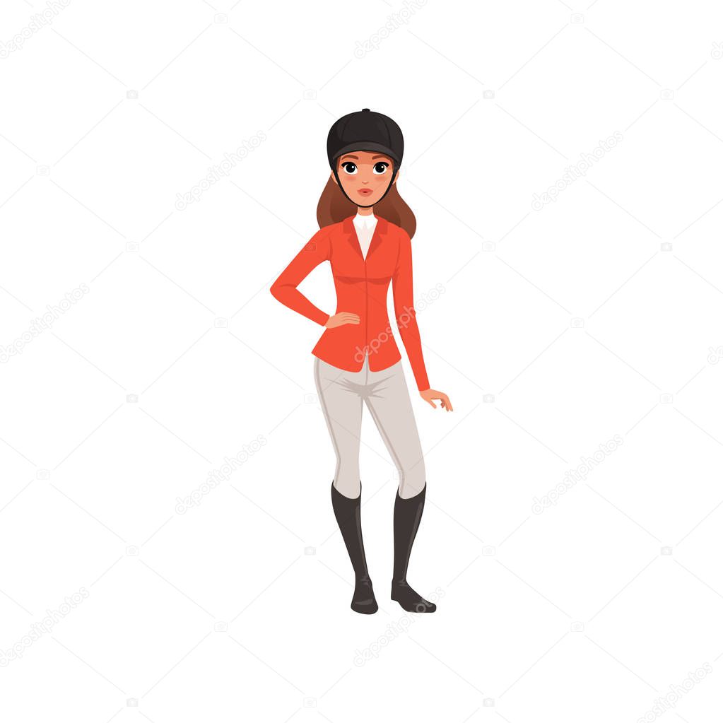 Jockey girl in red costume, equestrian professional sport vector Illustration  