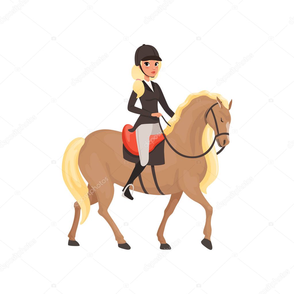 Jockey girl riding horse, equestrian professional sport vector Illustration