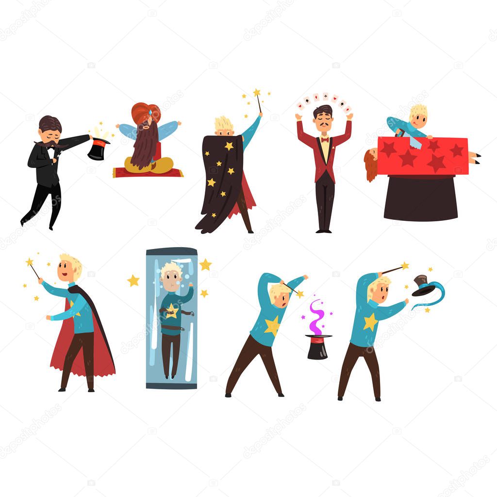 Magician showing tricks and focuses set of vector Illustrations isolated on a white background