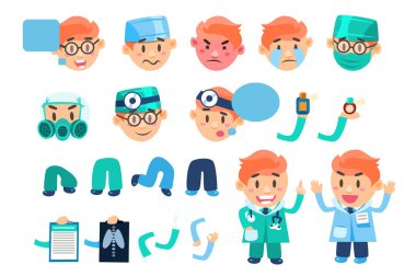 Erkek doktor animasyon karakter kümesi, çeşitli yüz duygular, pozlar ve hareketleri, vücut ve tıbbi malzeme vektör çizimler beyaz bir arka plan üzerinde parçaları