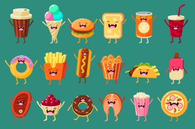 Komik lokanta çizgi karakter ayarları, dondurma, kahve, sosisli sandviç, pizza, kızarmış patates, tost, hamburger, meşrubat, Komik suratlar vektör çizimler ile donut yemek
