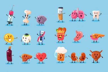Bad habits and unhealthy human organs characters sett, funny educational vector Illustrations on a light blue background clipart