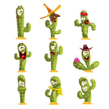 Kaktüs karakter ayarları, farklı duygular ile komik kaktüsler beyaz bir arka plan üzerinde çizimler vektör