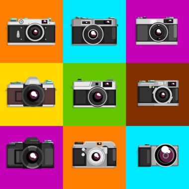 Kamera ayarları, retro fotoğraf makinesi renkli arka plan üzerinde çizimler vektör
