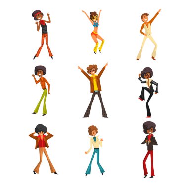 Erkek dansçı müzik partisi, retro disko dansçılar ayarları vektör çizimler beyaz bir arka plan üzerinde beden dokunaklı