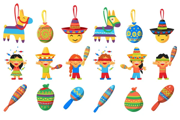 Piñata, elementos para fiesta mexicana, niños rompiendo burro tradicional en forma de vector piñata Ilustraciones sobre fondo blanco — Archivo Imágenes Vectoriales