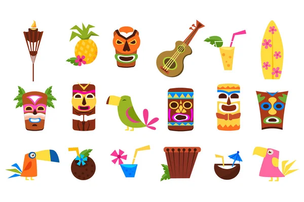 Zestaw symboli Hawajów, Tiki plemiennych masek, tropikalne drinki, owoce, ptaki i instrumenty muzyczne ilustracje wektorowe na białym tle — Wektor stockowy