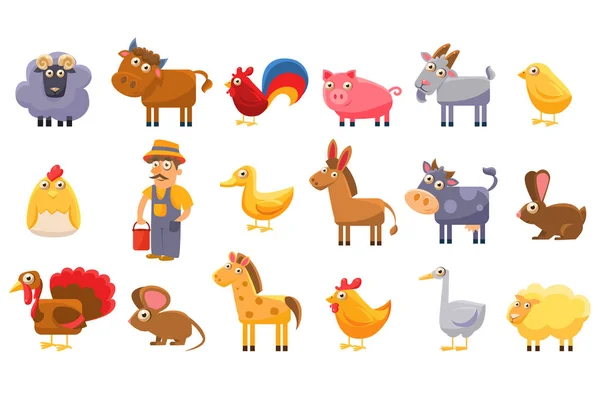 Boerderijdieren ingesteld, mannelijke landbouwer, vee en huisdieren cartoon vector illustraties op een witte achtergrond — Stockvector