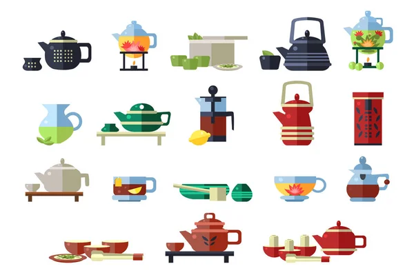 Набор чайников, инструменты чайной церемонии векторные иллюстрации на белом фоне — стоковый вектор