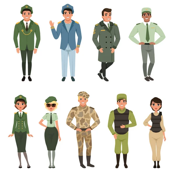 Conjunto de uniformes militares, oficial del ejército militar, comandante, soldado, piloto, soldado, capitán de marina vector ilustraciones sobre fondo blanco — Archivo Imágenes Vectoriales