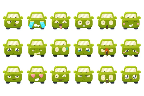 Söt grön bil seriefigurer visar olika känslor inst., roliga emoji för webbplatsen, video, animation, webbplatser, infographics, meddelanden, serier, nyhetsbrev — Stock vektor