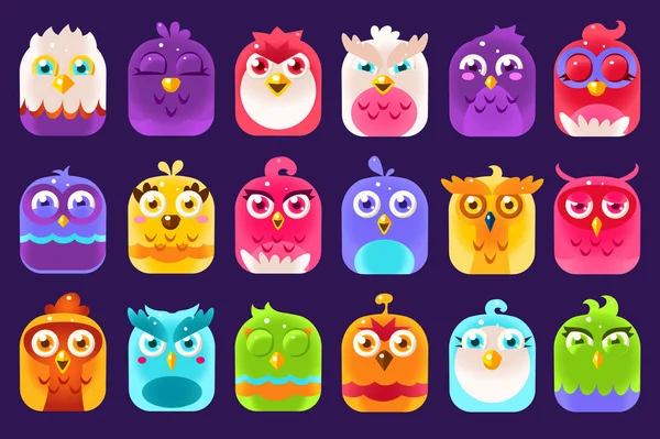 Pássaros coloridos bonitos sett com diferentes emoções vetor Ilustrações, personagens emoji engraçados para site, vídeo, animação, sites, infográficos, mensagens, quadrinhos —  Vetores de Stock