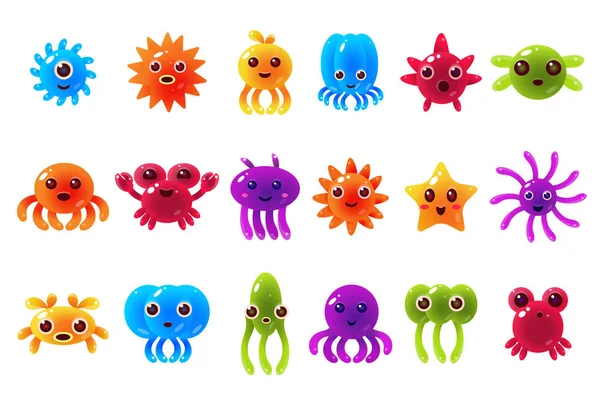 Χαριτωμένο χαριτωμένο seta ρυθμ πλάσματα με διαφορετικά συναισθήματα, πολύχρωμες γυαλιστερές υποβρύχια ζώα χαρακτήρες με αστεία πρόσωπα διανυσματικά εικονογραφήσεις — Διανυσματικό Αρχείο
