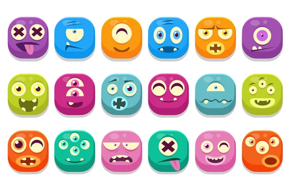Kolorowe przyciski emotikony Ustaw z różnych emocji vector ilustracje, śmieszne potwory Ikony emoji dla witryny, animacja, strony internetowe, wiadomości, czaty, wideo — Wektor stockowy