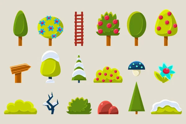 Ağaçlar ve bitkiler farklı setasons ayarları, meyve, orman ağaçlar, çalılar ve bitkiler beyaz bir arka plan üzerinde çizimler vektör — Stok Vektör