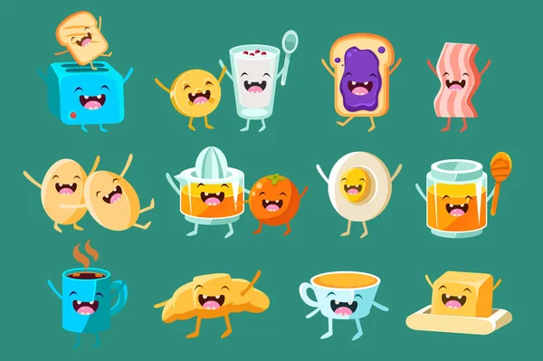 Komik kahvaltı çizgi karakter ayarları, Kahvaltı, fast food vektör çizimler için gıda — Stok Vektör
