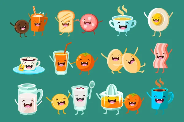 Vicces reggeli étel komikus karakterek beáll, élelmiszer vicces arcok vektor illusztrációk — Stock Vector