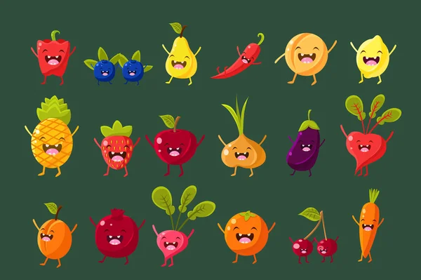 Fruits, baies et légumes sett, poivre, myrtille, citron, orange, poire, fraise, oignon, aubergine, betterave, abricot, grenade, cerise, vecteur de carotte Illustrations — Image vectorielle