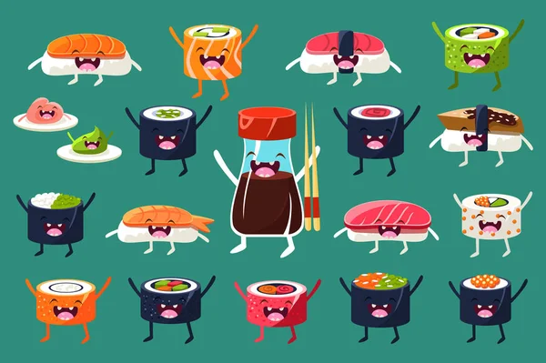 Sushi och rullar tecken inst., Japaneset mat med roliga ansikten vektor illustrationer — Stock vektor