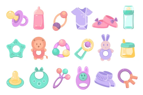 Leksaker och tillbehör för baby inst., nyfödda spädbarnsvård, utfodring och kläder vektor illustrationer på en vit bakgrund — Stock vektor