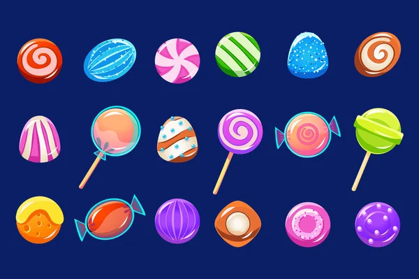 Şekerler ayarları, farklı renkteki parlak tatlılar mavi bir arka plan üzerinde çizimler vektör — Stok Vektör