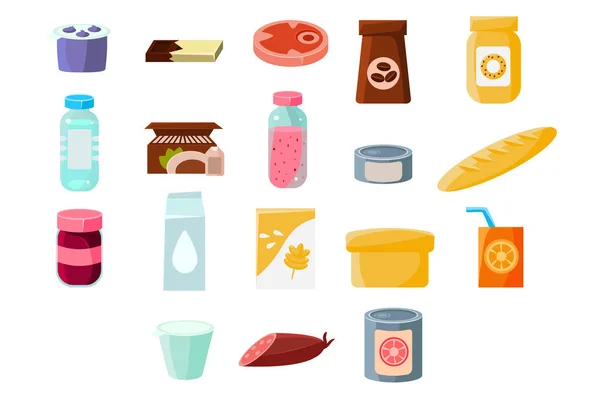 Productos comunes de alimentación diaria sett, alimentos y bebidas vector Ilustraciones sobre un fondo blanco — Vector de stock