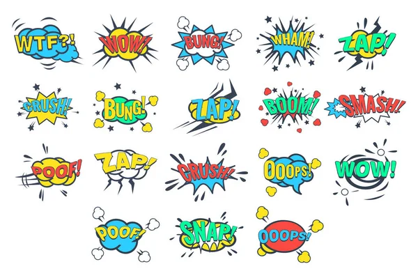 Comic bubbles with words and abbreviations sett, comic book explosion vector Illustrations on a white background — Stock Vector