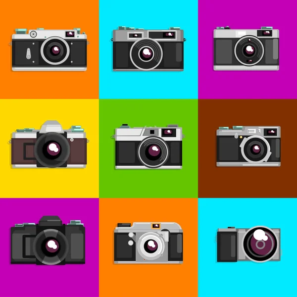 Ustaw aparat, Zdjęcie retro kamer kolorowych tłach ilustracje wektorowe — Wektor stockowy