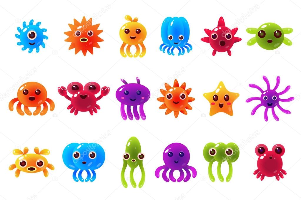 Cute cute seta creatures sett with different emotions, colorful glossy underwater animals characters with funny faces vector Illustrations