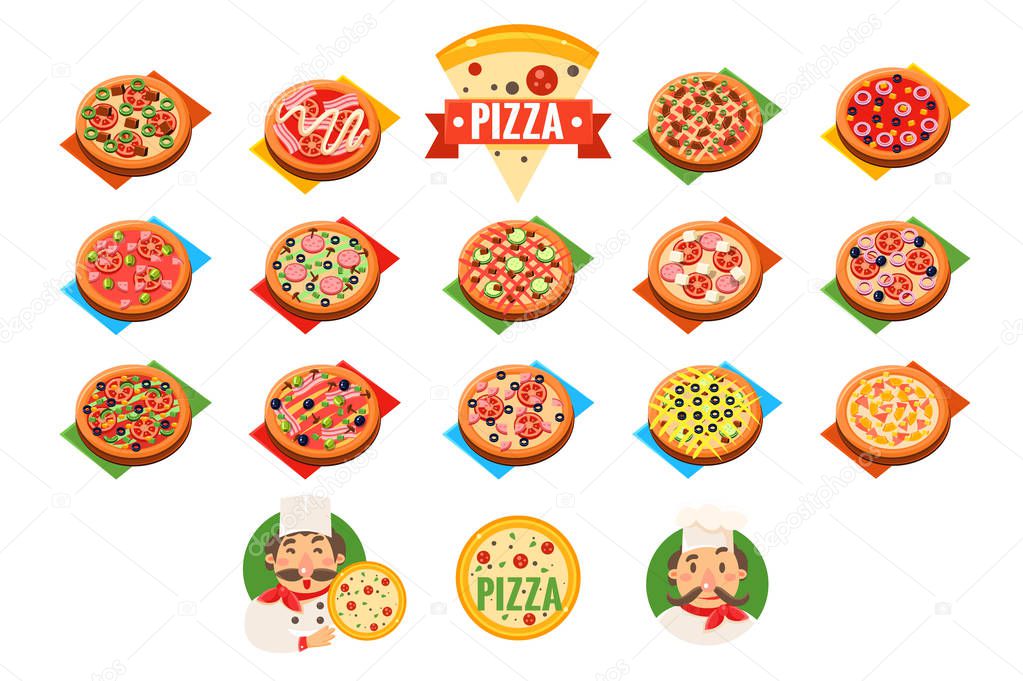 Pizza sett, popular varieties of pizzas vector Illustrations on a white background