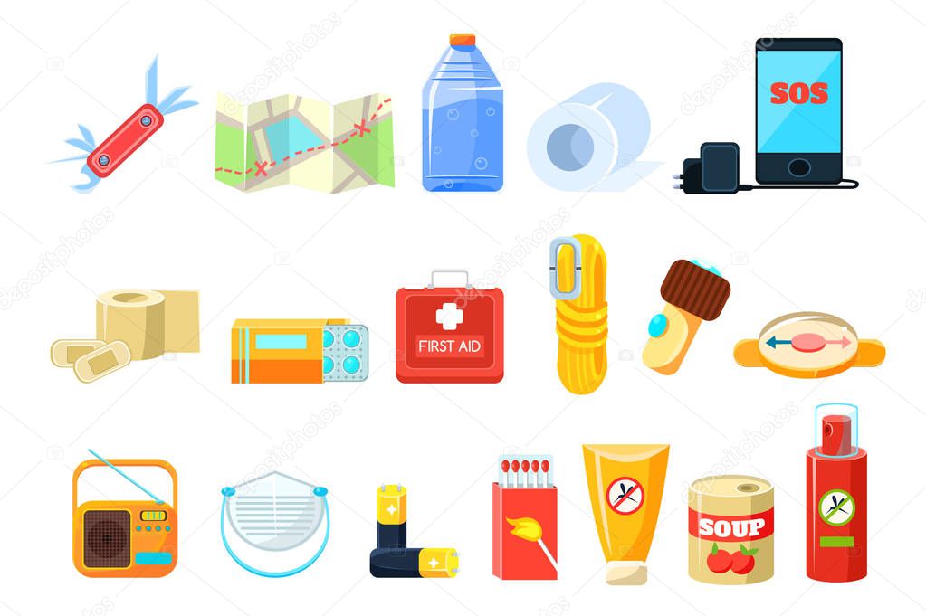 Travel necessities sett, first aid kit, rope, compass, map, phone, bottle of water, battery, radio, box of matches, repellent, canned food vector Illustrations on a white background