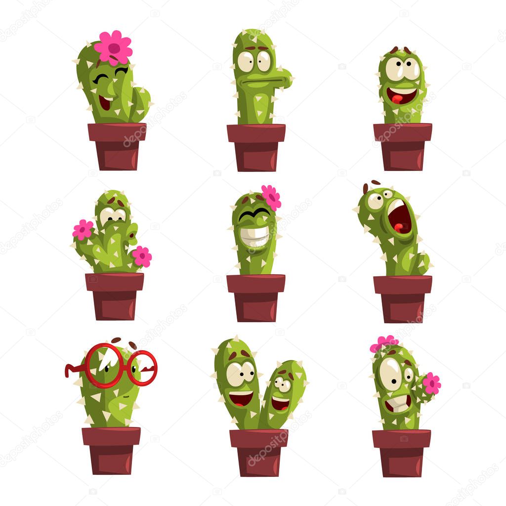 Potted cactus characters sett, funny cacti in flower pot with different emotions vector Illustrations on a white background