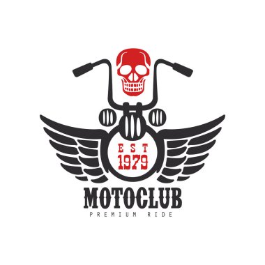 Motoclub logo, sigorta primi binmek, est 1979, tasarım öğesi için motor veya bisikletçinin kulüp, motosiklet tamircisi, beyaz bir arka plan üzerinde giyim vektör çizim için yazdırma