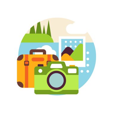 Bavul ve logo bir dairede, kamera ile yaratıcı yatay seyahat işareti, tasarım öğesi amblemi için yaz veya vektör çizim beyaz bir arka plan üzerinde rozet