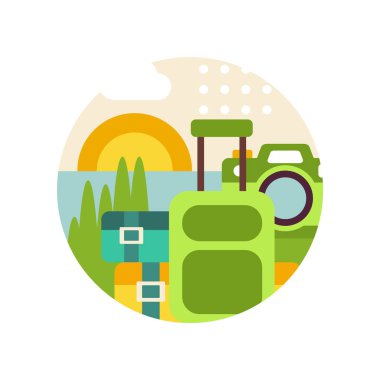 Öğe amblemi için tasarım veya vektör çizim beyaz bir arka plan üzerinde rozet işareti seyahat bavul ve kamera logo daire, yatay yaz