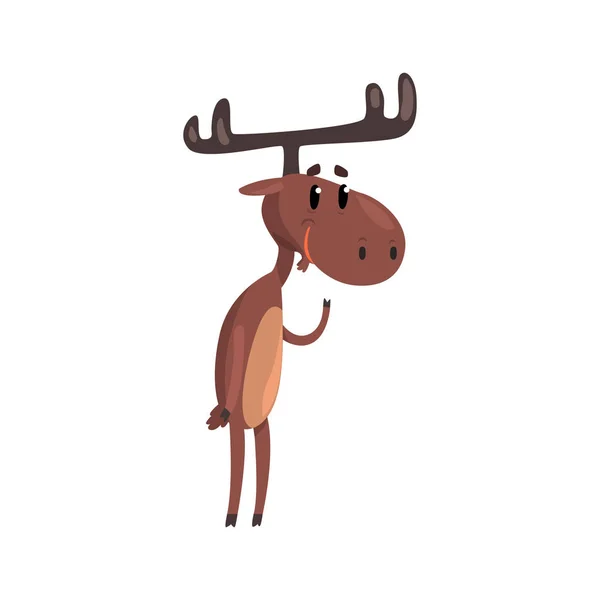 Cute funny jelen kreslená postava s parohy, stojí na dvou nohách vektorové ilustrace na bílém pozadí — Stockový vektor