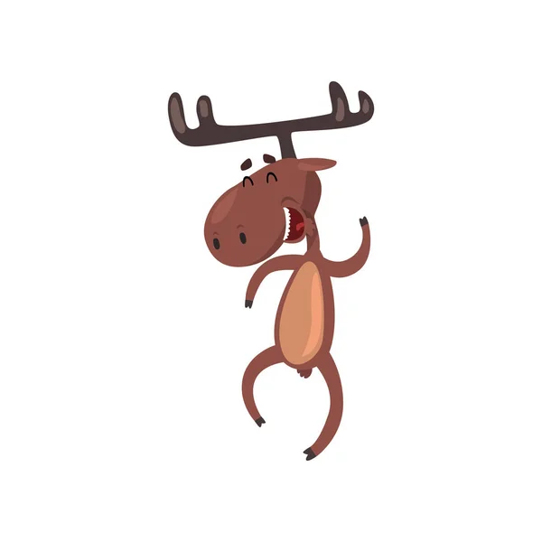Niedlichen lustigen Hirsch Cartoon-Figur mit Geweih Spaß haben und springen auf zwei Beinen Vektor Illustration auf weißem Hintergrund — Stockvektor