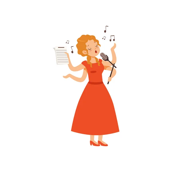 Багатозадачна молода жінка співає з мікрофоном, персонаж співачки з багатьма руками Векторна ілюстрація на білому тлі — стоковий вектор
