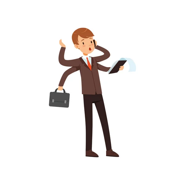 Multitasking jonge zakenman, jongen in een zakelijke pak karakter met veel handen vector illustratie op een witte achtergrond — Stockvector