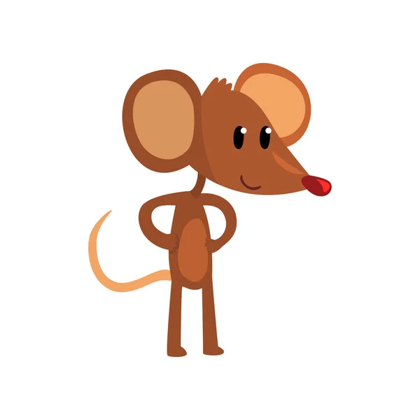 Lindo ratón marrón de pie sobre dos piernas con las manos en la cintura, divertido personaje de roedor vector de dibujos animados Ilustración sobre un fondo blanco — Vector de stock