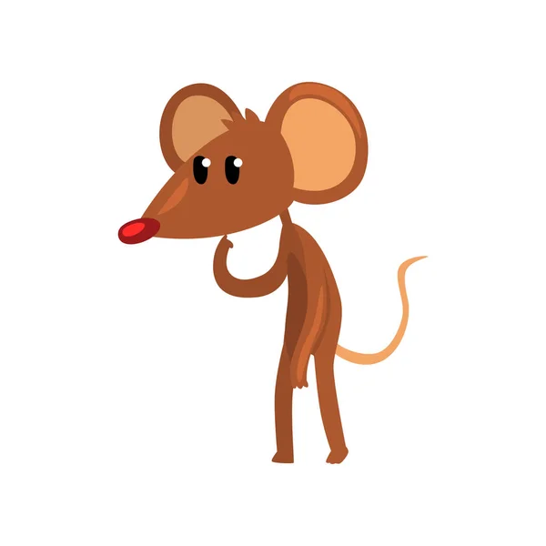 Niedliche braune nachdenkliche Maus, die auf zwei Beinen steht, lustige Nager-Charakter-Cartoon-Vektor-Illustration auf weißem Hintergrund — Stockvektor