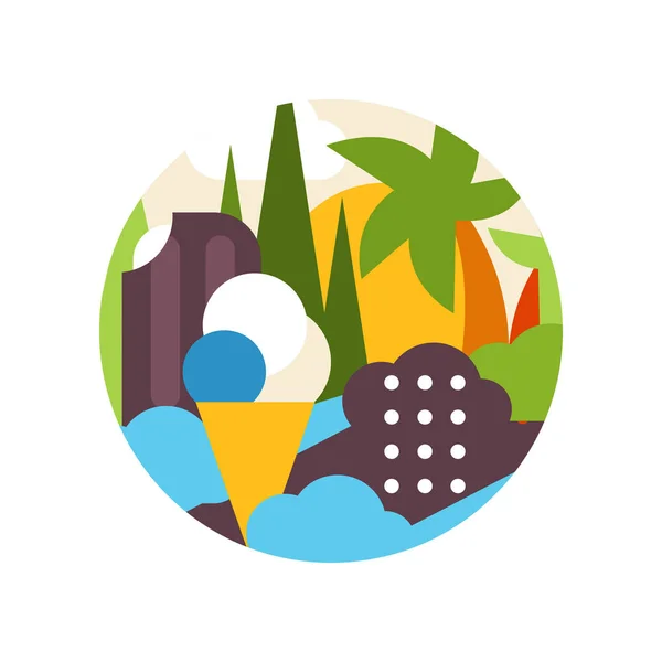 Paisaje tropical con plantas y helados en círculo logo, signo de vacaciones de verano, elemento de diseño para emblema o vector de insignia Ilustración sobre fondo blanco — Archivo Imágenes Vectoriales