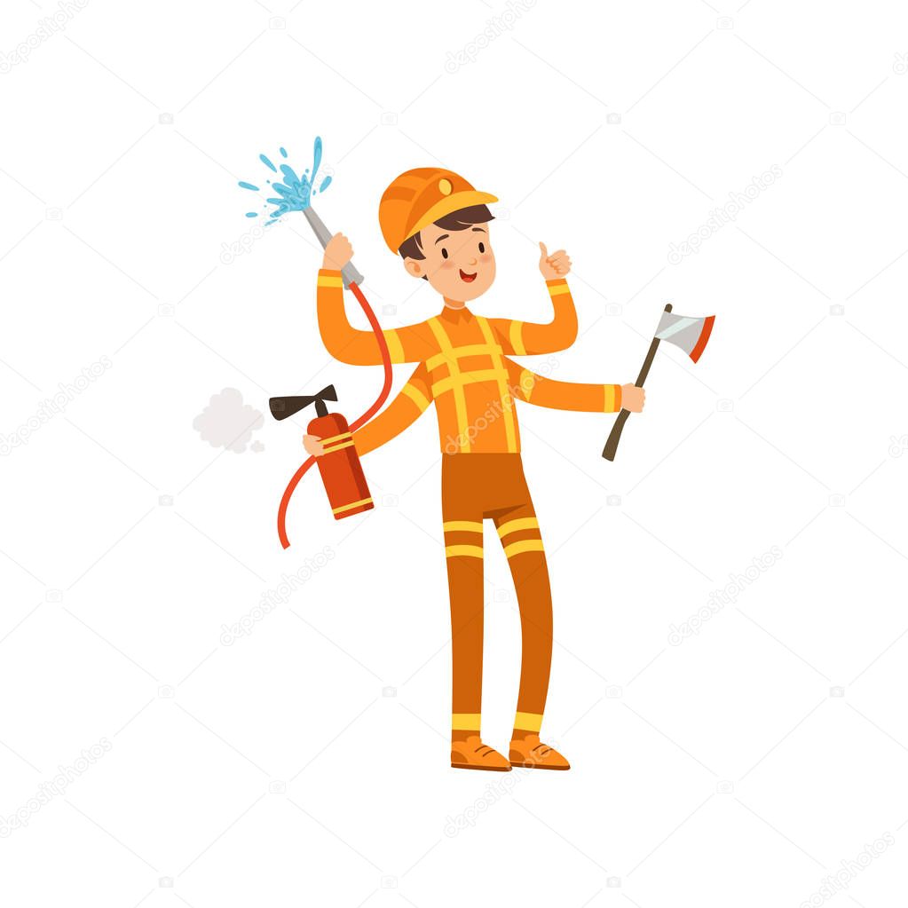 Multitasking firefighter character, male fireman with many hands holding fire fighting equipment vector Illustration on a white background